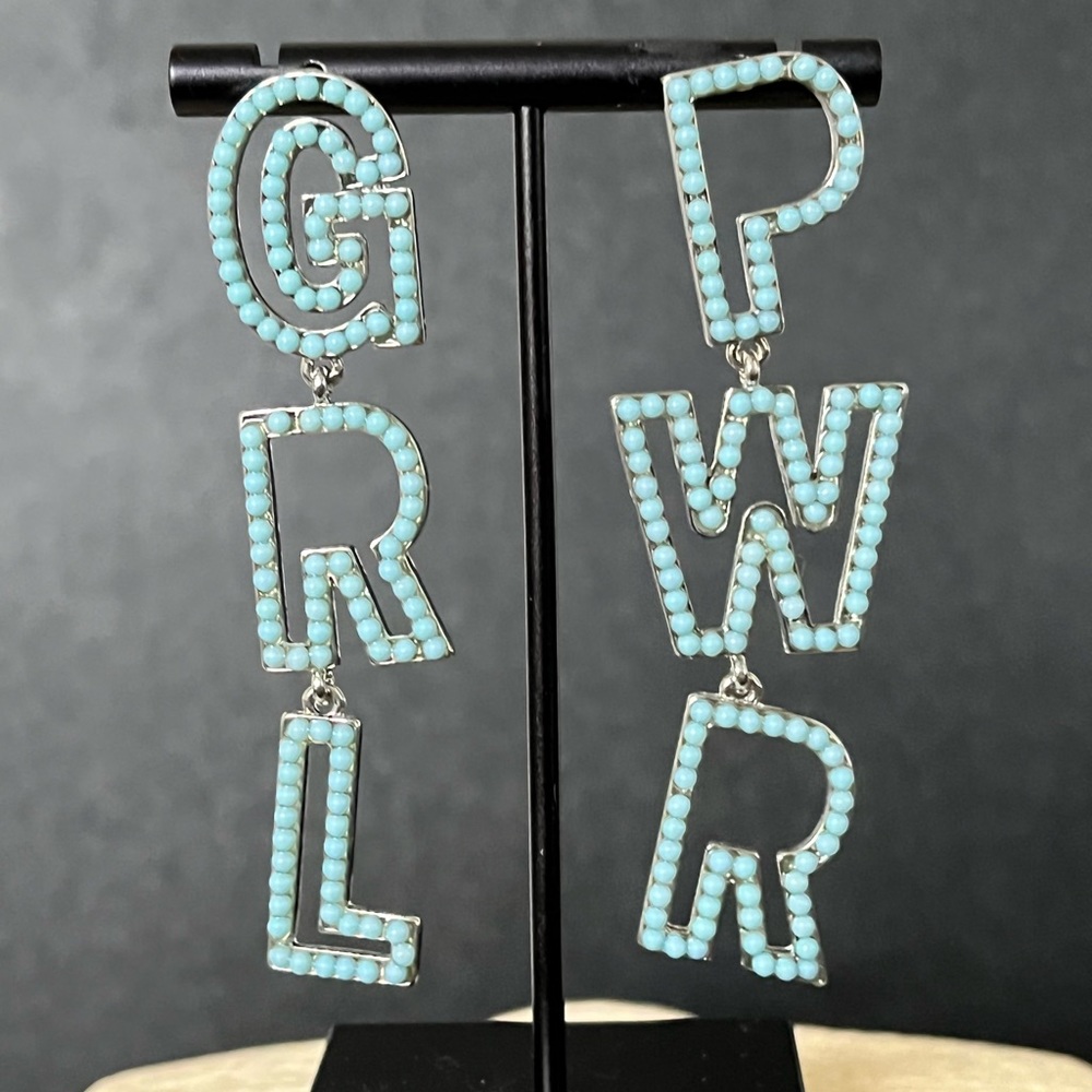 BCBG PRE-LOVED ‘GRL PWR’ LIGHT BLUE BEADS/SILVER TONE LONG STATEMENT EARRINGS